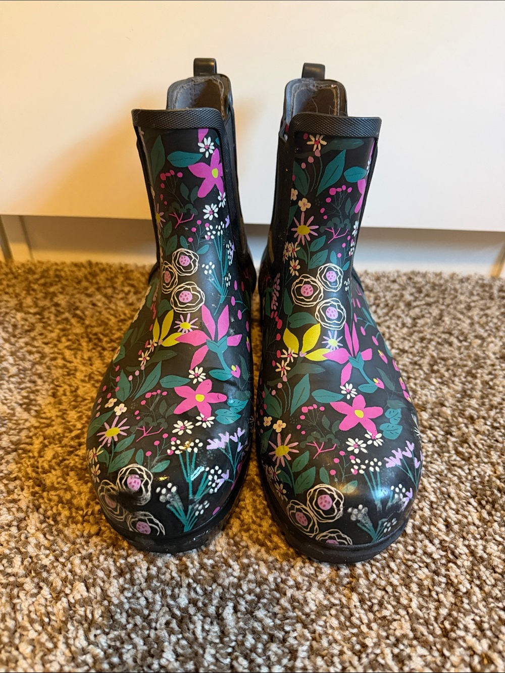 Bogs Black Floral Ankle Rain Boots with Pink & Teal Flowers